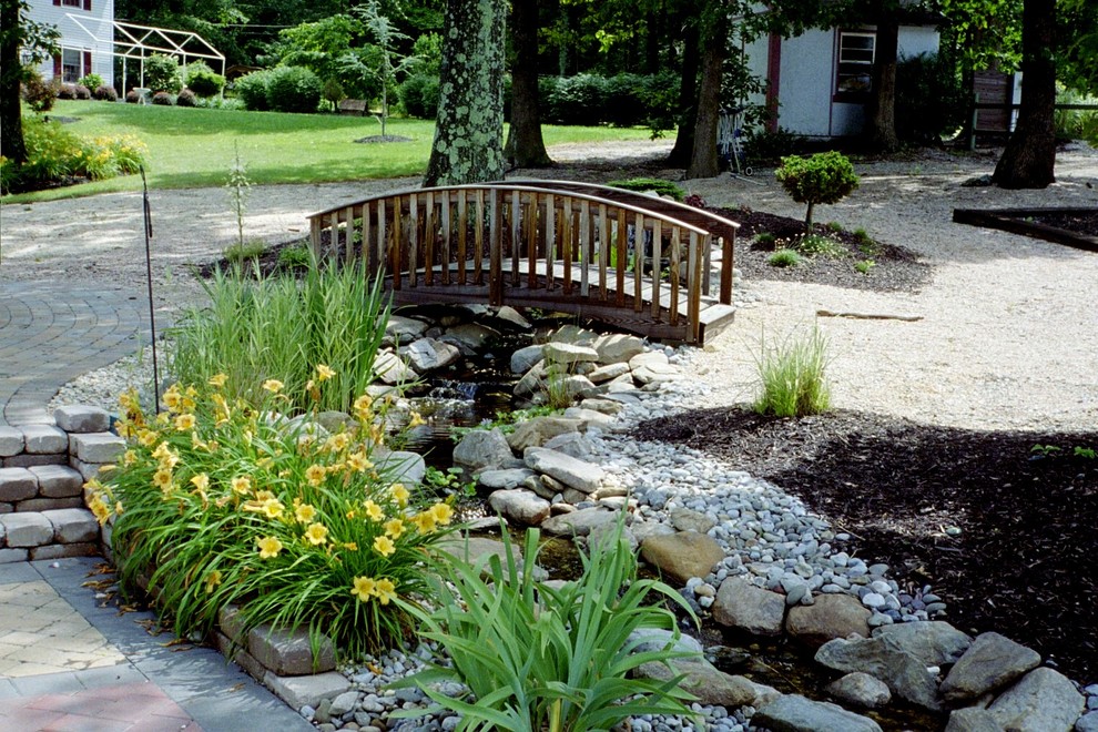 Aménagement d'un jardin arrière contemporain de taille moyenne avec un point d'eau, une exposition partiellement ombragée et un paillis.