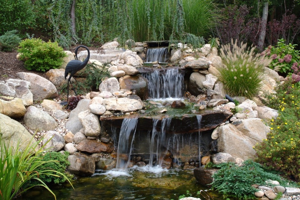 Exemple d'un xéropaysage exotique l'été avec un bassin, une exposition ensoleillée, une pente, une colline ou un talus et des pavés en pierre naturelle.
