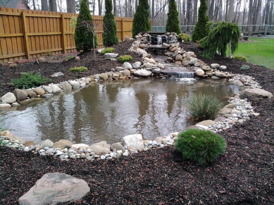Cette image montre un grand jardin arrière avec un point d'eau et des pavés en pierre naturelle.