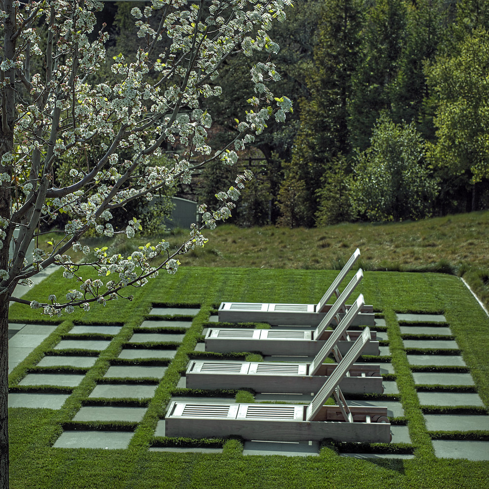 Immagine di un ampio giardino formale design esposto in pieno sole dietro casa in primavera con pavimentazioni in pietra naturale