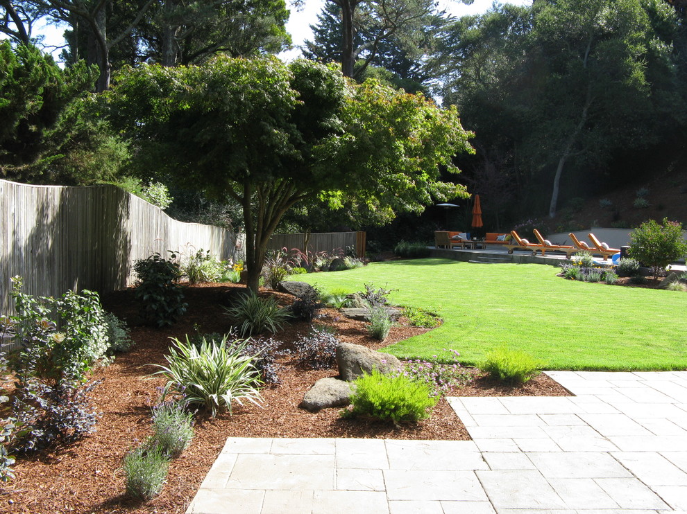 На фото: участок и сад среднего размера на заднем дворе в современном стиле с полуденной тенью и мульчированием