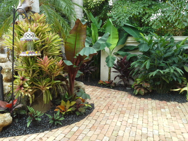 Foto di un grande giardino tropicale esposto a mezz'ombra in cortile con fontane e pavimentazioni in mattoni