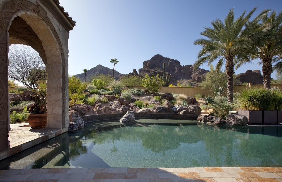 This is an example of a mediterranean drought-tolerant backyard landscaping in Phoenix.