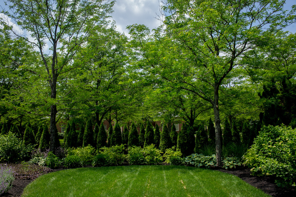 Idées déco pour un grand jardin arrière classique avec une exposition partiellement ombragée et un paillis.
