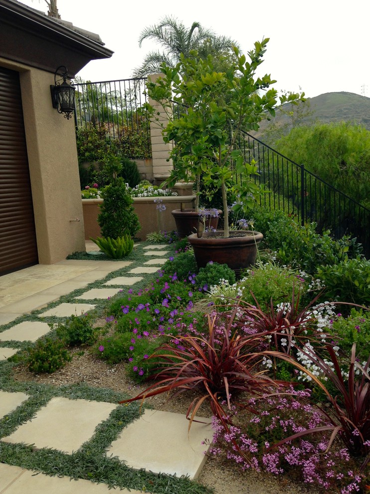 Идея дизайна: летний участок и сад среднего размера на заднем дворе в современном стиле с садовой дорожкой или калиткой и мощением тротуарной плиткой