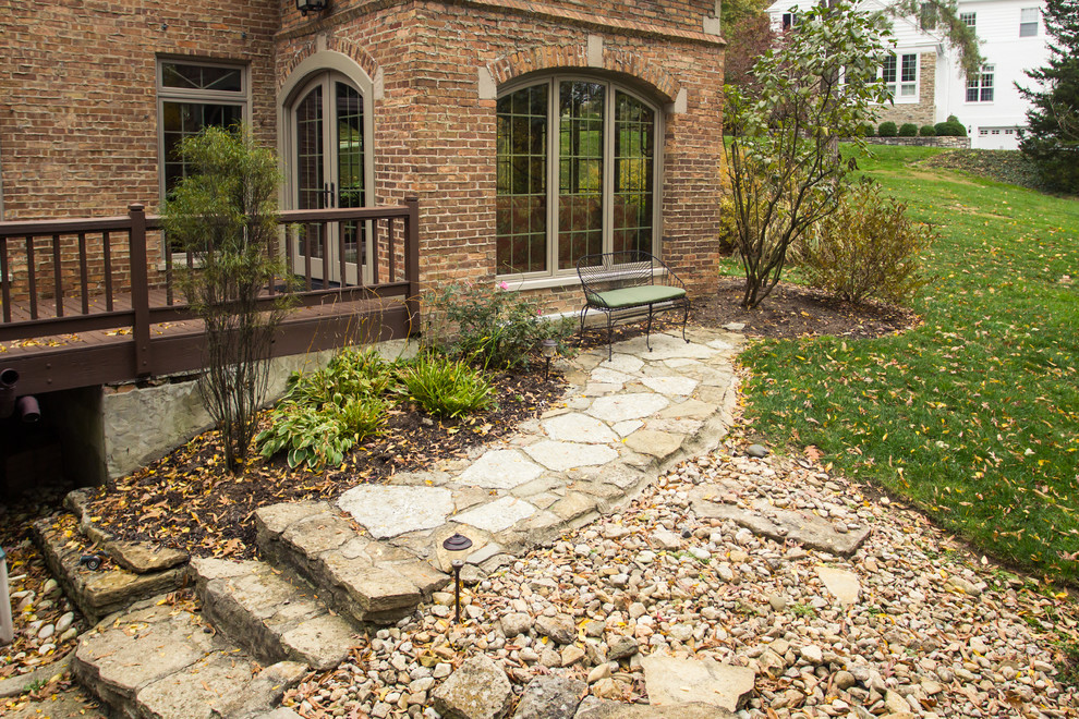 Mittelgroßer, Geometrischer, Halbschattiger Klassischer Gartenweg im Sommer, hinter dem Haus mit Natursteinplatten in Cincinnati