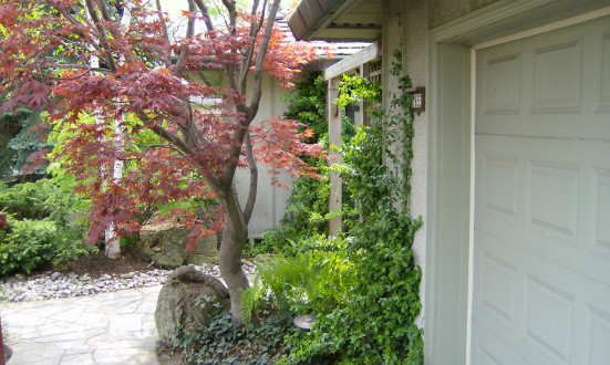Esempio di un giardino tradizionale esposto a mezz'ombra di medie dimensioni e davanti casa in autunno con un ingresso o sentiero e pavimentazioni in pietra naturale