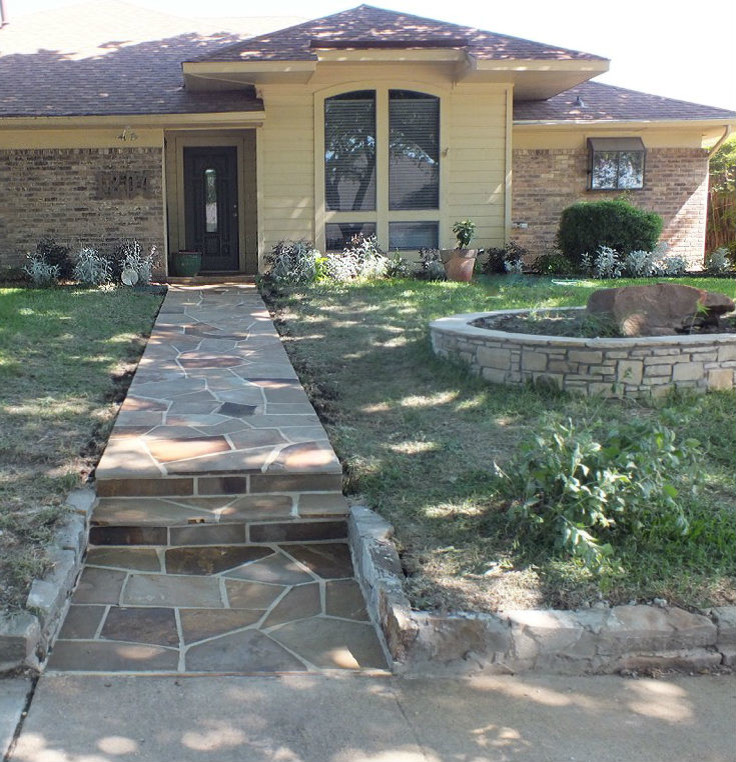Design ideas for a medium sized modern front partial sun garden in Dallas with a garden path and natural stone paving.