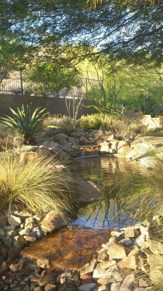 Diseño de jardín clásico de tamaño medio en patio trasero con estanque, exposición parcial al sol y adoquines de piedra natural