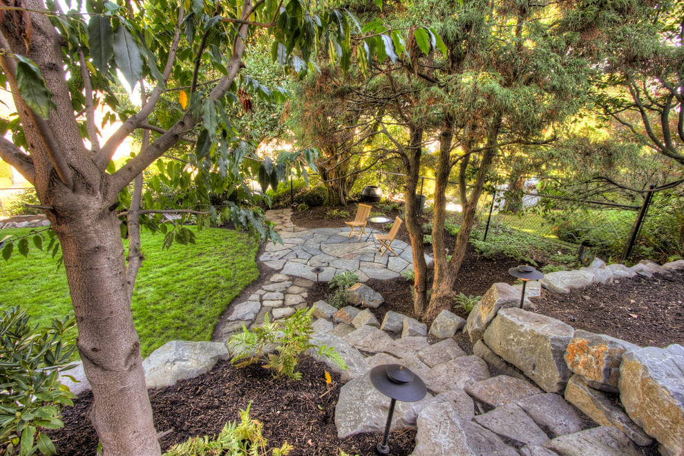 Exempel på en klassisk trädgård i skuggan i slänt, med naturstensplattor