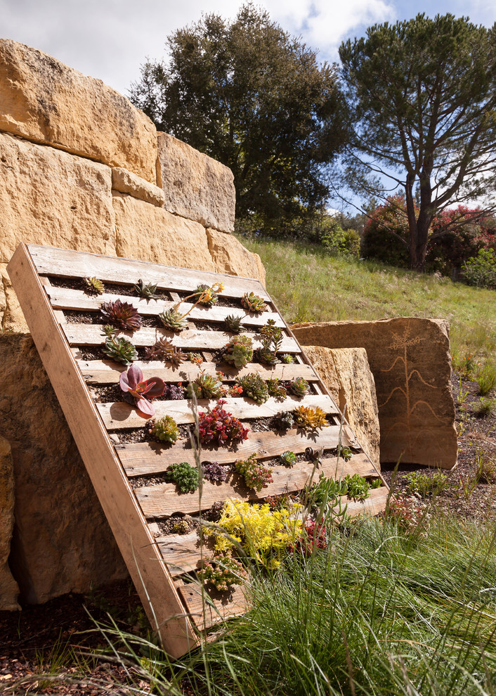 This is an example of a rustic back garden in San Francisco with a retaining wall and natural stone paving.