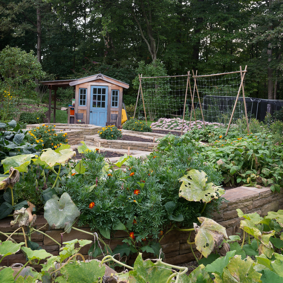 Idee per un grande giardino country esposto in pieno sole nel cortile laterale in estate con pavimentazioni in pietra naturale