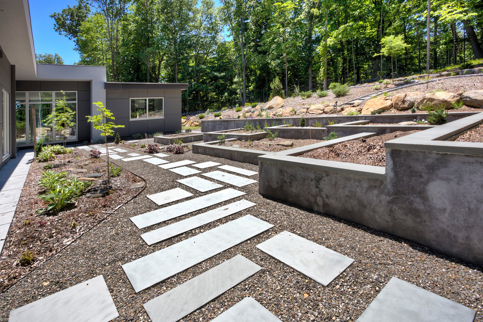 Ispirazione per un giardino moderno esposto in pieno sole di medie dimensioni e dietro casa con pavimentazioni in mattoni