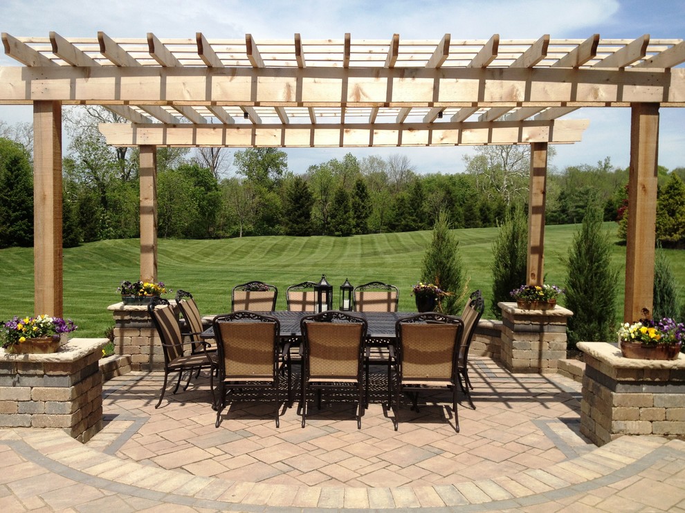 Example of a large classic backyard brick patio design in Columbus