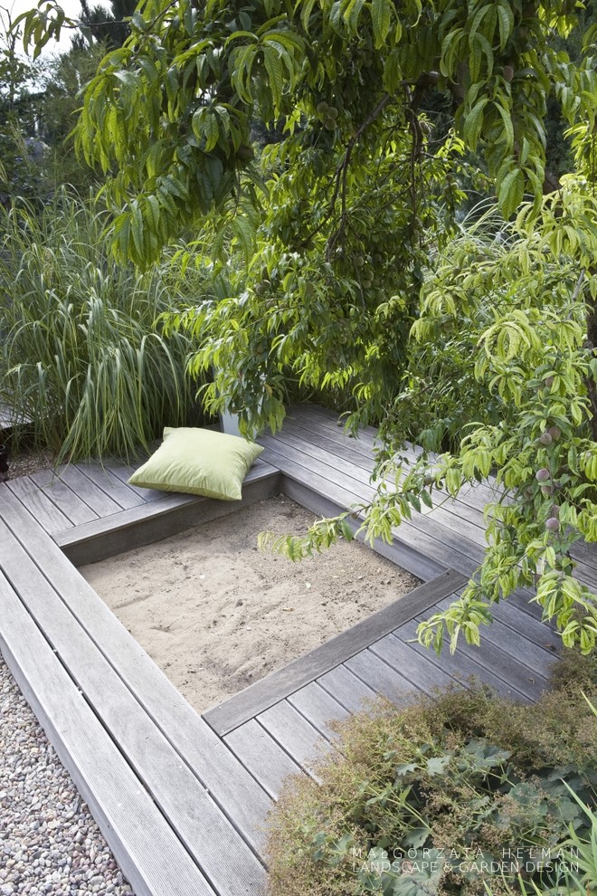Inspiration for a small contemporary partial sun backyard landscaping in Other with decking for summer.