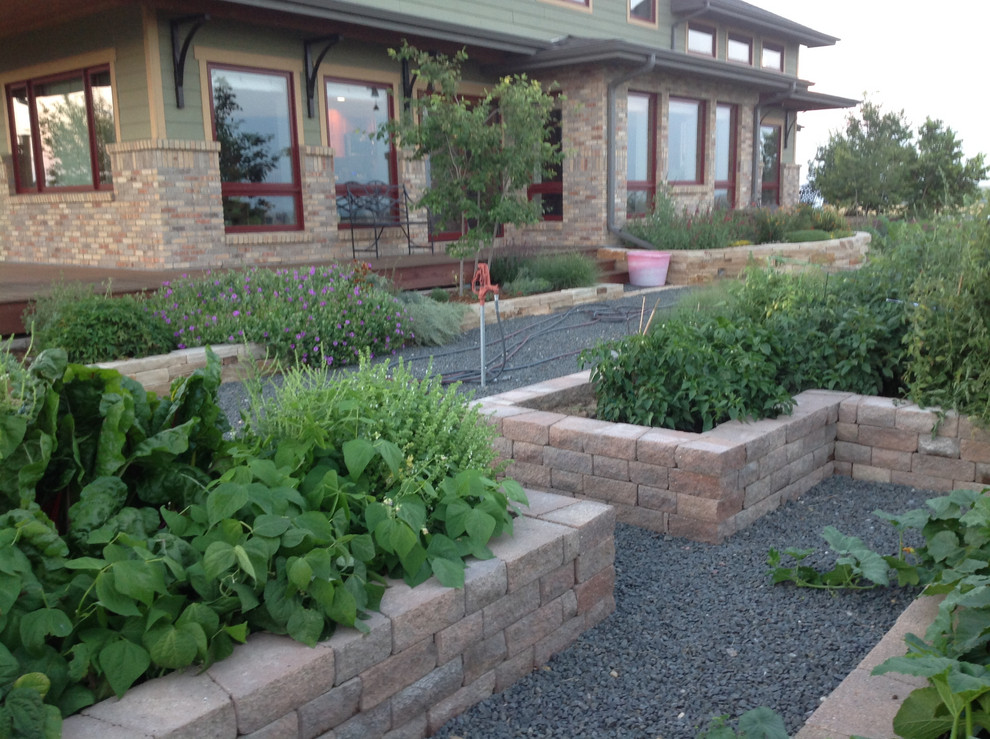 Photo of a large farmhouse backyard gravel vegetable garden landscape in Denver.