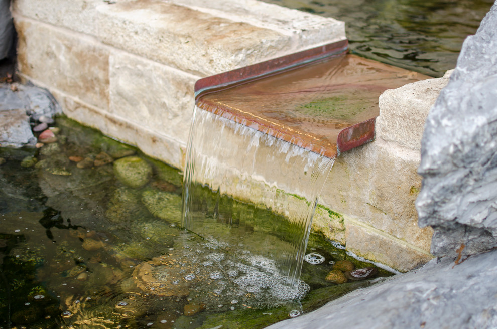 Inspiration for a large transitional partial sun backyard water fountain landscape in Dallas.