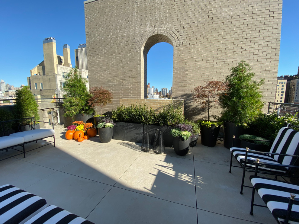 Geometrischer, Geräumiger Moderner Dachgarten mit Kübelpflanzen, direkter Sonneneinstrahlung, Natursteinplatten und Metallzaun in New York