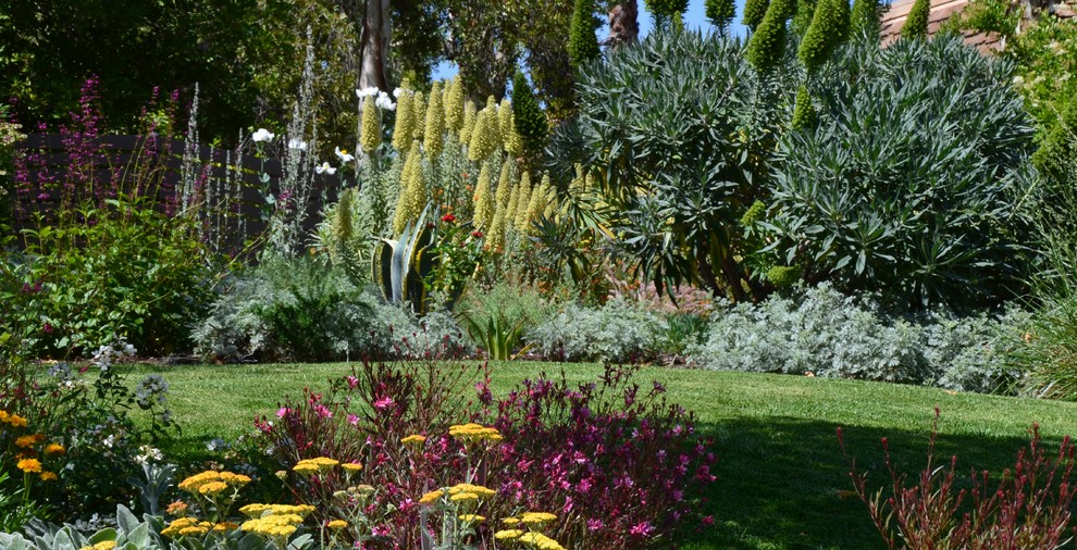 Geometrischer, Großer Mid-Century Garten im Frühling mit direkter Sonneneinstrahlung und Pflastersteinen in Los Angeles