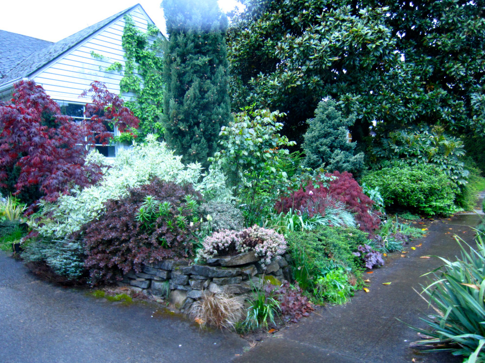Inspiration for a small bohemian front driveway partial sun garden in Portland with a garden path.