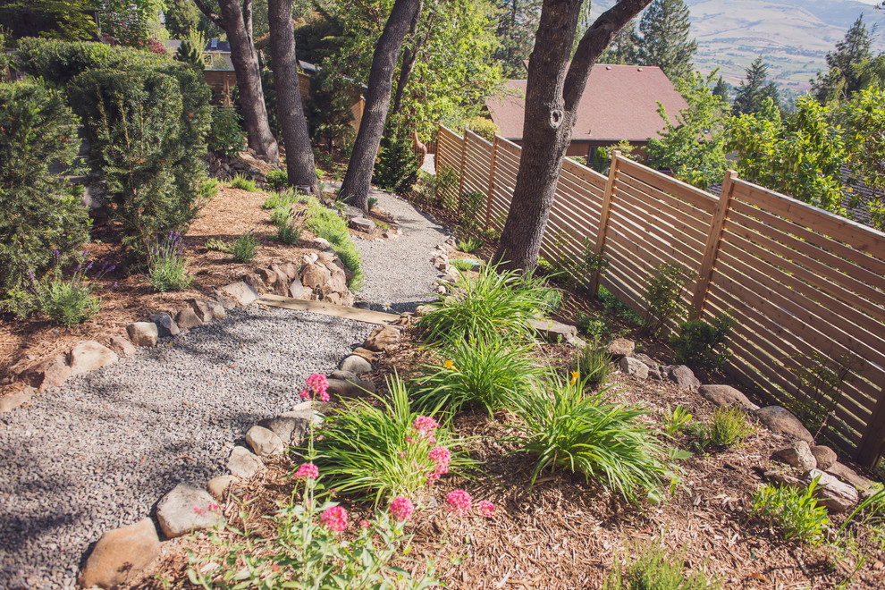 Inspiration for a mid-sized traditional partial sun backyard gravel garden path in Other.