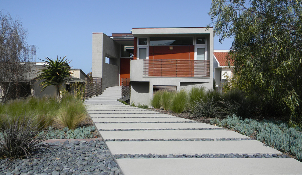 Свежая идея для дизайна: засухоустойчивый сад на переднем дворе в современном стиле с мощением тротуарной плиткой - отличное фото интерьера