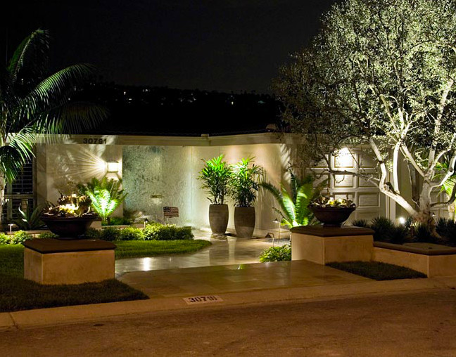 Modelo de acceso privado minimalista en patio delantero con jardín de macetas y adoquines de hormigón