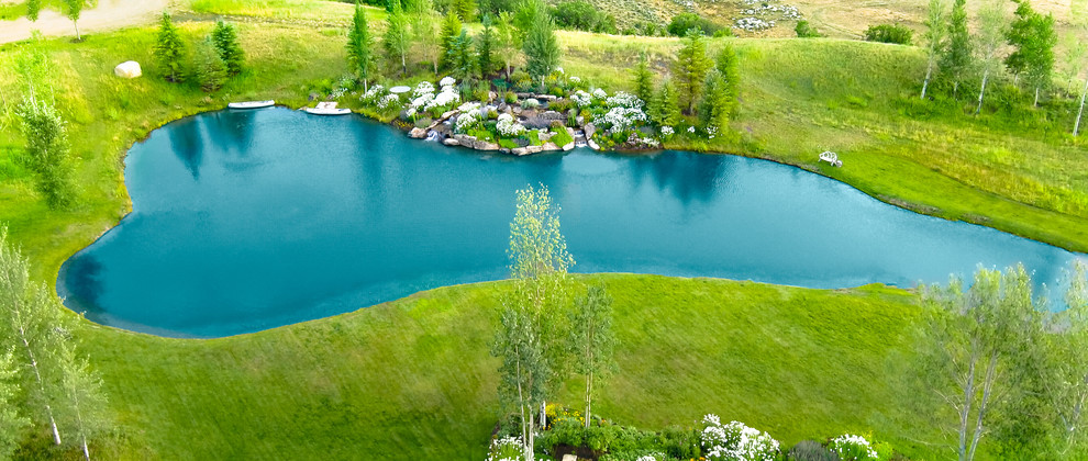 デンバーにある広いラスティックスタイルのおしゃれな裏庭 (池、日向) の写真