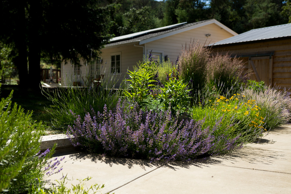 Idée de décoration pour un grand jardin arrière champêtre avec des pavés en béton.