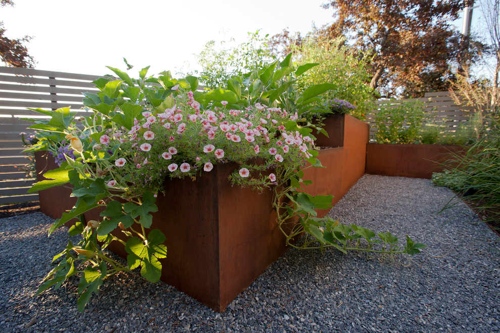 Design ideas for a modern backyard gravel landscaping in Salt Lake City.