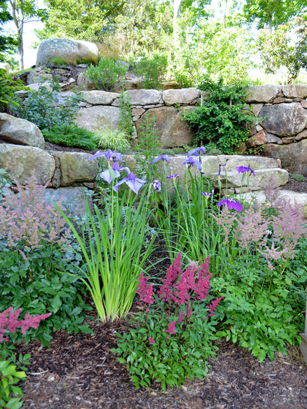 Пример оригинального дизайна: весенний участок и сад на боковом дворе в морском стиле с подпорной стенкой, полуденной тенью и покрытием из каменной брусчатки