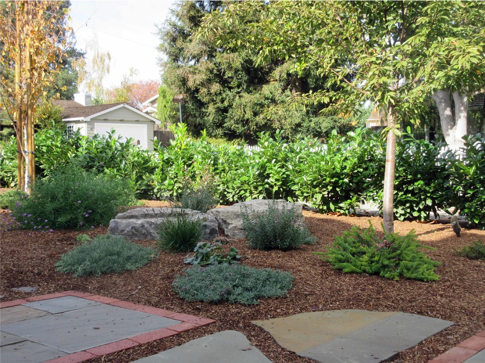 This is an example of a large contemporary drought-tolerant and partial sun side yard brick garden path in San Francisco for spring.