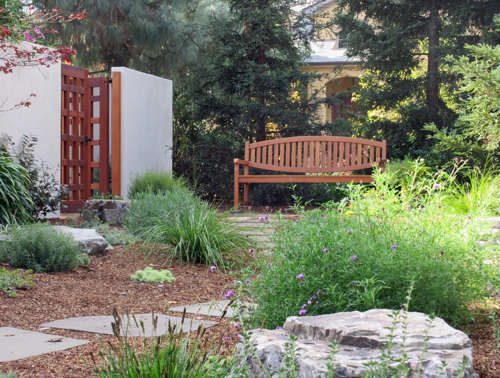 Immagine di un grande giardino xeriscape minimal esposto a mezz'ombra nel cortile laterale con un ingresso o sentiero e pavimentazioni in mattoni