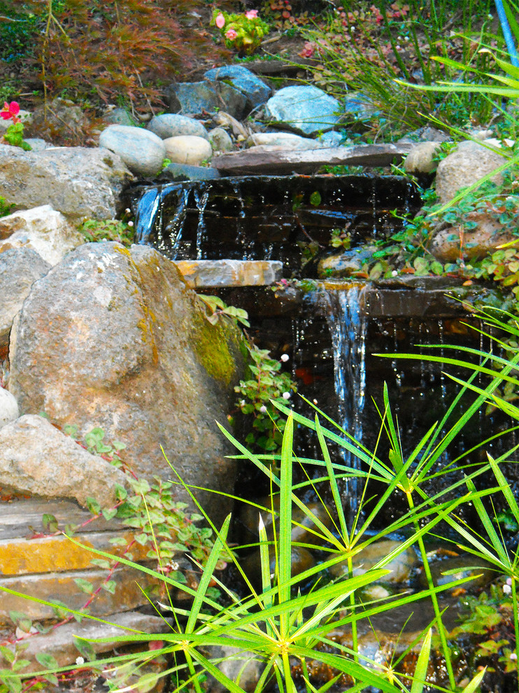 Inspiration pour un jardin asiatique avec un point d'eau, une pente, une colline ou un talus et des pavés en pierre naturelle.