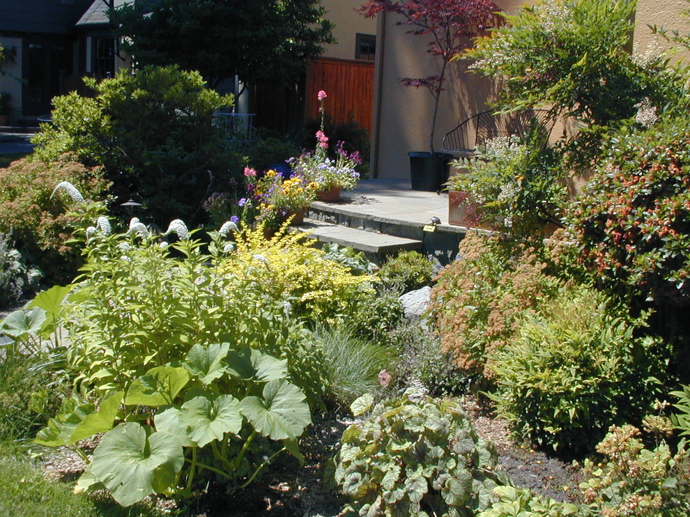 Design ideas for an eclectic front partial sun garden for summer in Portland with a garden path.