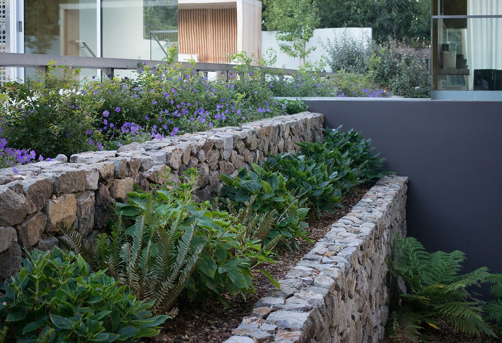 Esempio di un giardino minimalista in ombra di medie dimensioni e dietro casa in primavera con un muro di contenimento