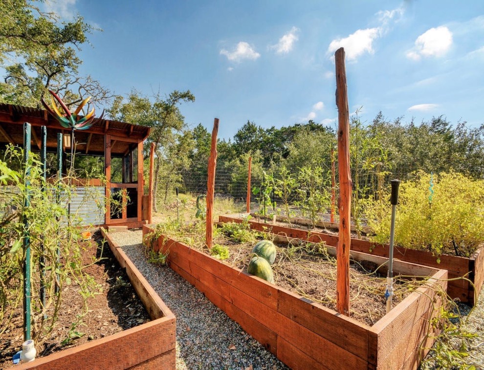 Inspiration för mellanstora rustika formella trädgårdar i full sol längs med huset på våren, med en köksträdgård och grus