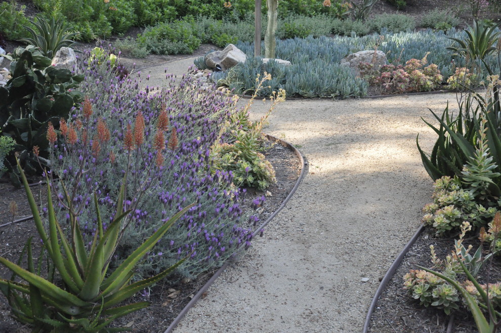 Ejemplo de camino de jardín de secano clásico grande en verano en patio lateral con exposición parcial al sol y gravilla
