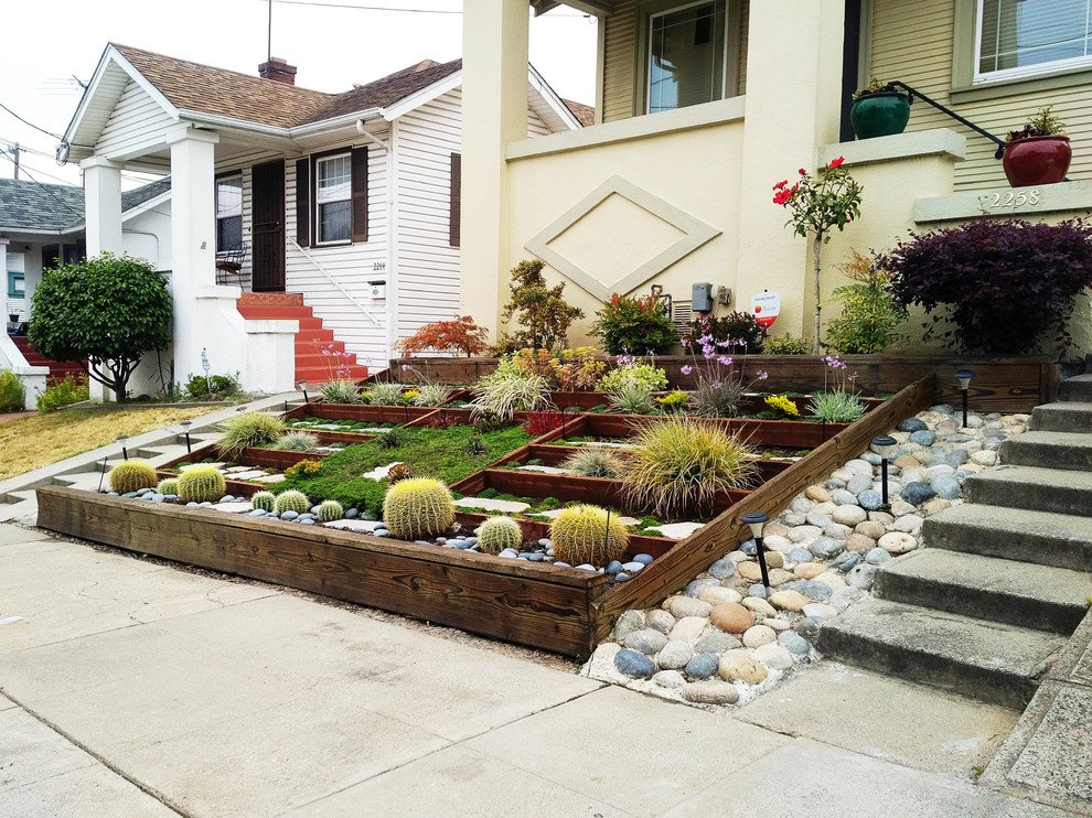 Geometrischer, Mittelgroßer, Halbschattiger Moderner Vorgarten im Sommer mit Kübelpflanzen und Betonboden in San Francisco