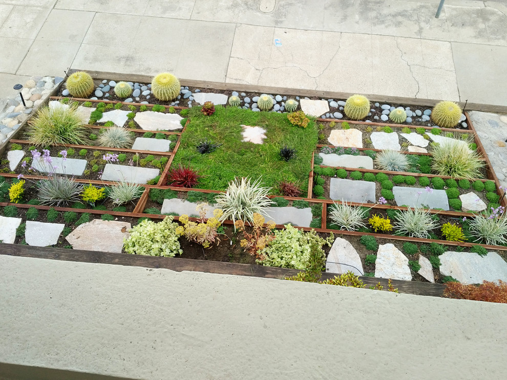 Diseño de jardín contemporáneo pequeño en verano en patio delantero con jardín francés, jardín de macetas, exposición parcial al sol y adoquines de hormigón