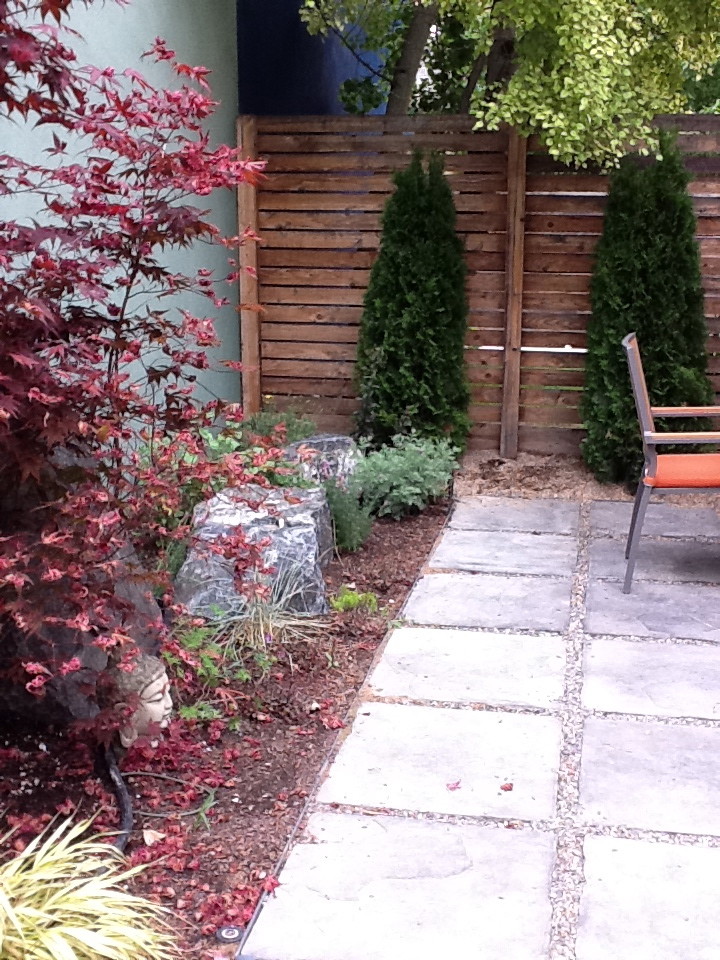 На фото: маленькая осенняя спортивная площадка на заднем дворе в современном стиле с полуденной тенью и мощением тротуарной плиткой для на участке и в саду