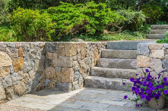 Reclaimed Granite Stone Steps and Fieldstone Wall in Barnstable, MA