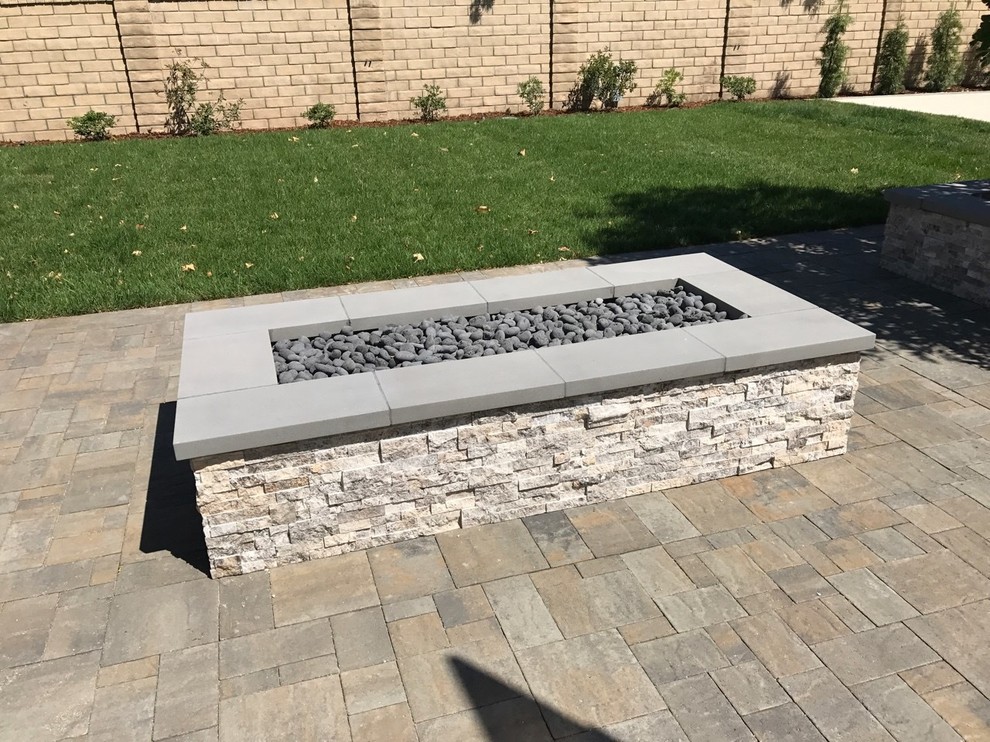 Rectangular Fire Pit with Beach Pebble. Landscape Los Angeles by