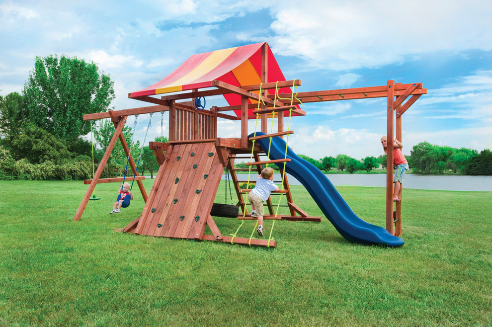 Redwood Swing Set with Monkey Bars Modern Landscape Detroit by