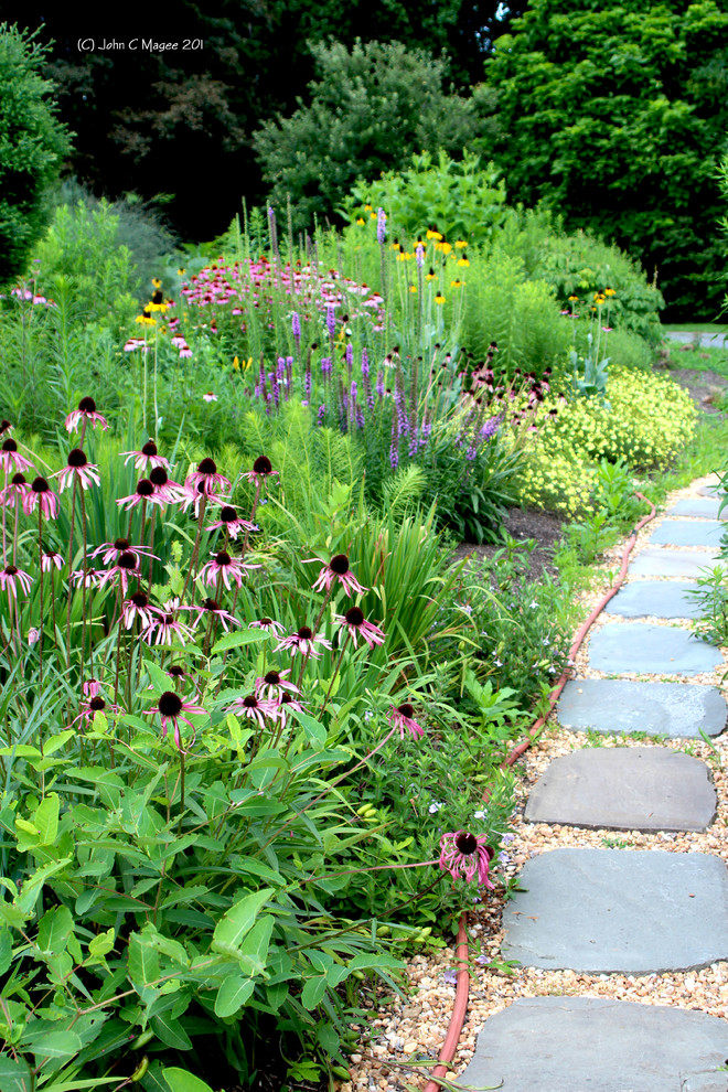 Foto di un grande giardino xeriscape country esposto in pieno sole davanti casa in estate con pavimentazioni in pietra naturale