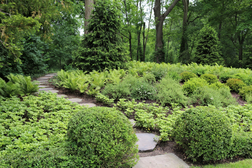 Design ideas for a traditional full sun garden for summer in Chicago with a garden path and natural stone paving.
