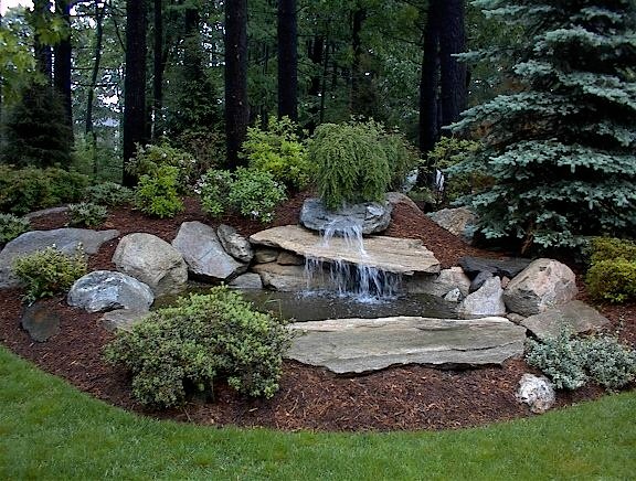 Стильный дизайн: солнечный сад с прудом среднего размера на заднем дворе в современном стиле с хорошей освещенностью и покрытием из каменной брусчатки - последний тренд
