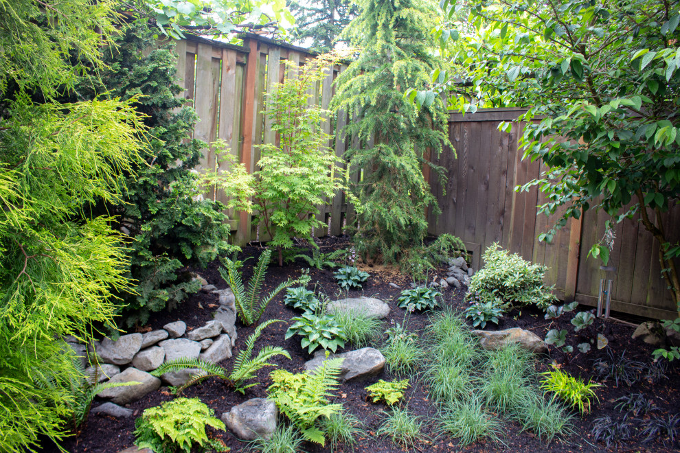 Kleiner, Schattiger Asiatischer Garten im Sommer, hinter dem Haus mit Sichtschutz und Dielen in Portland