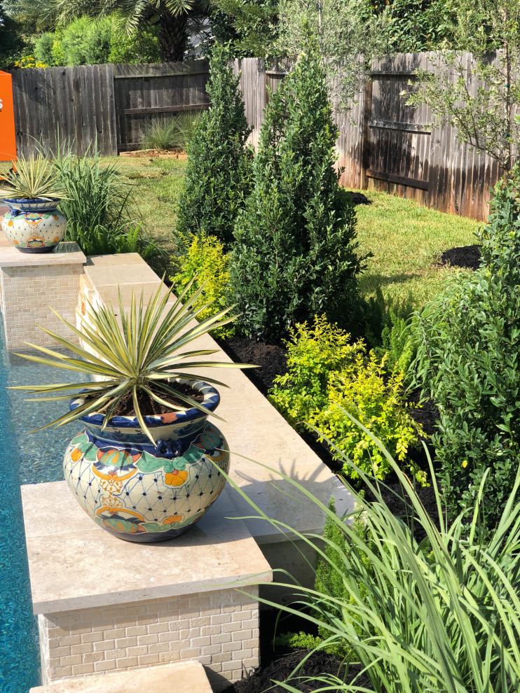 Mittelgroßer Eklektischer Garten hinter dem Haus mit direkter Sonneneinstrahlung und Dielen in Houston