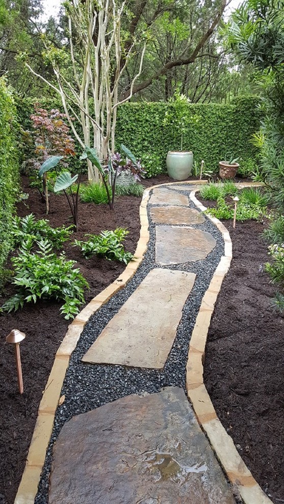 Esempio di un giardino xeriscape minimalista in ombra di medie dimensioni e dietro casa con un ingresso o sentiero e pacciame